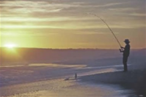 Fisher with a rod in the surf beach at sunset