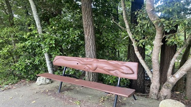 A wooden bench with a lizard carved into the backrest on a concrete pathway with trees in the background