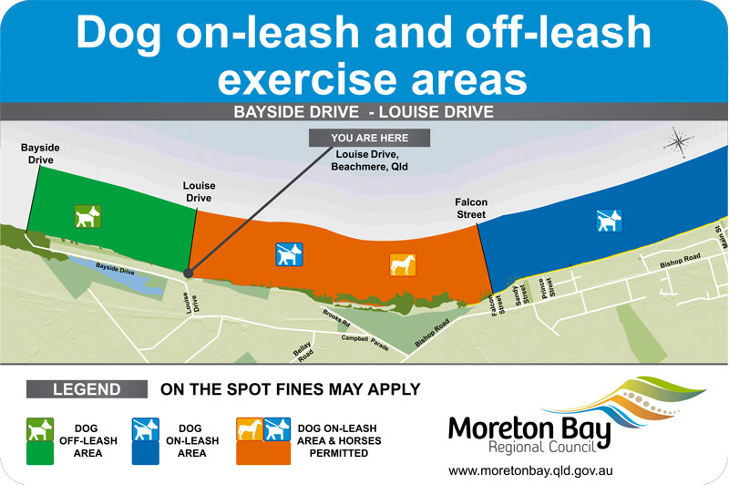 North Beachmere foreshore dogs off-leash, on-leash areas: The blue zone from Biggs Avenue to Falcon Street is the dog on-leash area. The orange zone between Falcon Street and Louise Drive is the dog on-leash and horse area. The green zone between Louise Drive and the northern end of Bayside Drive is the dog off-leash area.