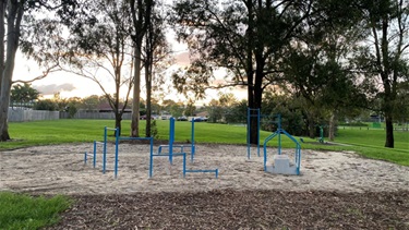 Blue fitness equipment including pull up bars and steps.