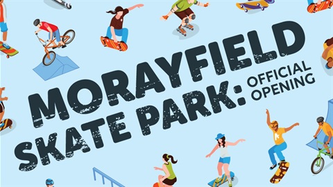 Images of skaters with text Morayfield skate park official opening