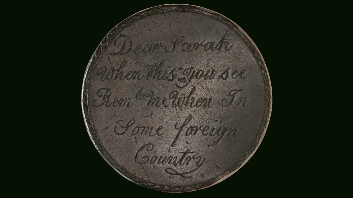 convict token that reads dear sarah when this you see remember me when in some foreign country on a blue background