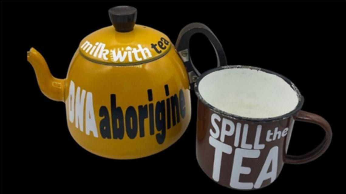 yellow teapot and brown cup against black background