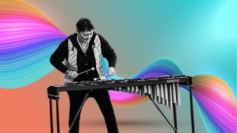 Bernie Lynch playing a vibraphone in front of a multi-coloured backdrop.