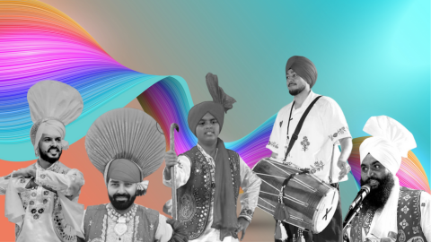 5 men in traditional outfits with instruments with a blue and rainbow background