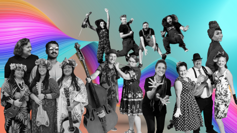 a rainbow background with multiple musicians in front