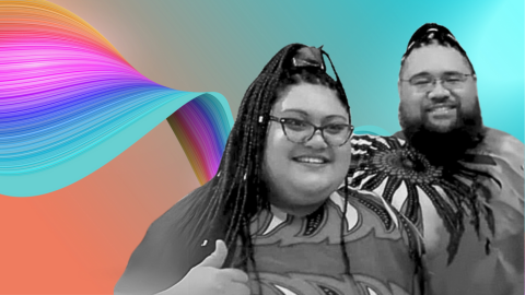 two people one woman and one man smiling and looking at the camera with a rainbow blue and peach background