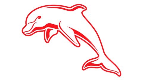 Image of a red cartoon dolphin jumping on a white background