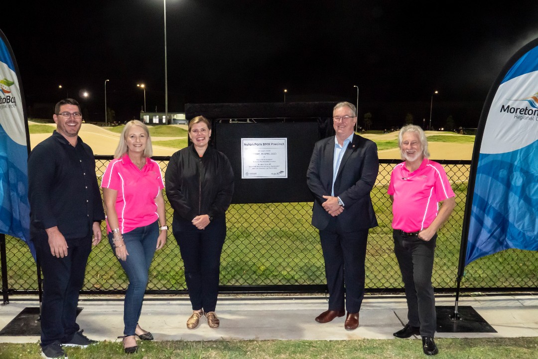 Pine Rivers BMX Club president Mark Vaughan, councillor Cath Tonks, Pine Rivers MP Nikki Boyd, Moreton Bay Regional Council Mayor Peter Flannery and councillor Mick Gillam unveil the plaque to officially open the new Nolan Park BMX Track