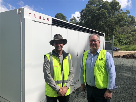 LGI Limited CEO Jarryd Doran and City of Moreton Bay Mayor proud to switch on a Tesla Megapack battery at the Bunya Waste Management Facility to store renewable energy.