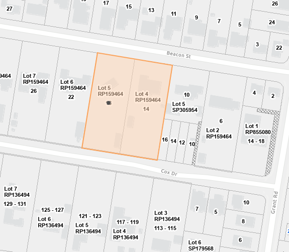 Aerial map highlighting Lot 4 and 5 Beacon Street, Morayfield.