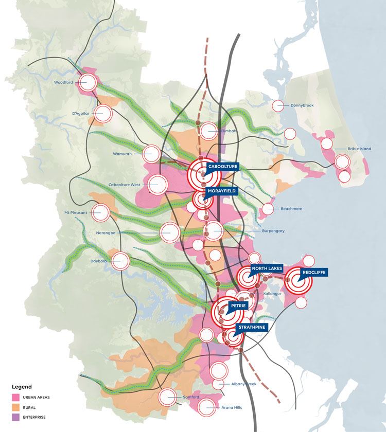 Map of main city hubs of Moreton Bay Region