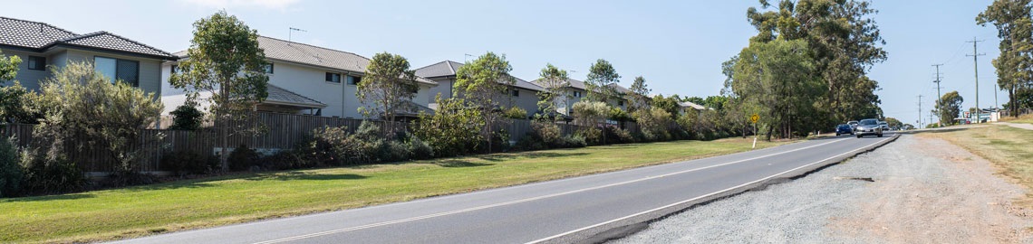 A road stretches into the distance, there are houses on one side and bushland on the other.