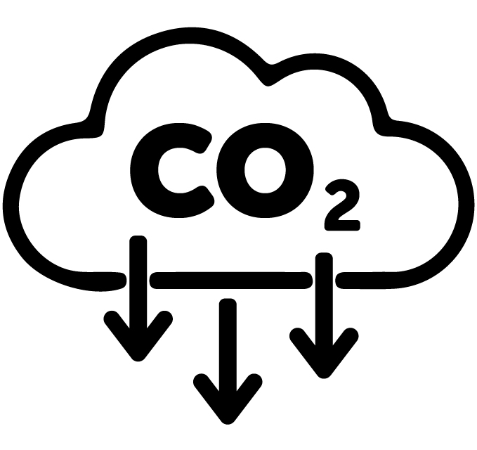 Icon of a cloud with the word CO 2 and arrows pointing down.