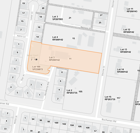 Aerial map highlighting 11 Devine Court and 2 Lunar Court, Morayfield. 