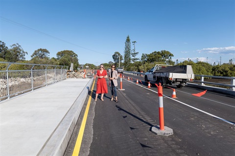 Pumicestone MP Ali King and Division 1 Councillor Brooke Savige welcome traffic on the new White Patch Esplanade Crossing