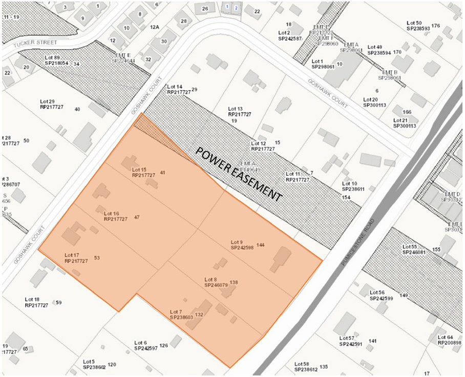 An aerial maps highlighting lots 7, 8, 9, 15, 16, 17 between Goshawk Court and Pumicestone Road