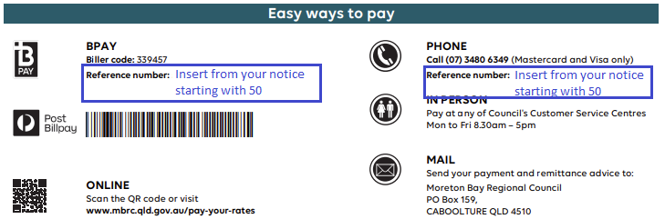 Reference number is located on your rates notice, in the 'Easy ways to pay' section then the 'Phone' section has the reference number. The reference number starts with Five Zero.